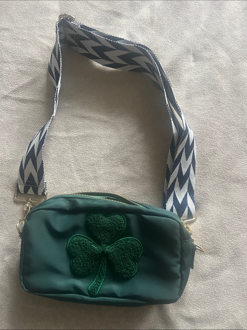 Bloc Bags: Green Shamrock Nylon Crossbody Bag with Chevron Navy Adjustable Strap